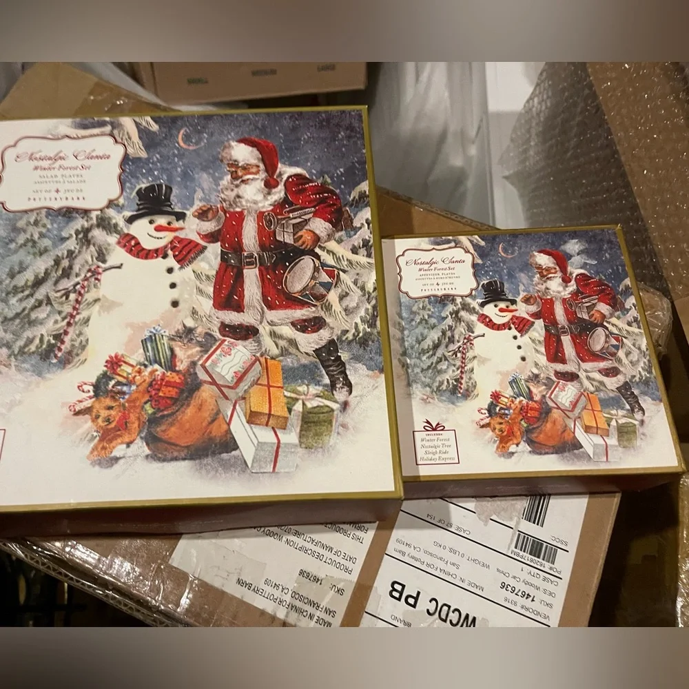Pottery Barn Nostalgic Santa Winter Forrest App/dessert Plate Set of 4 - NIB